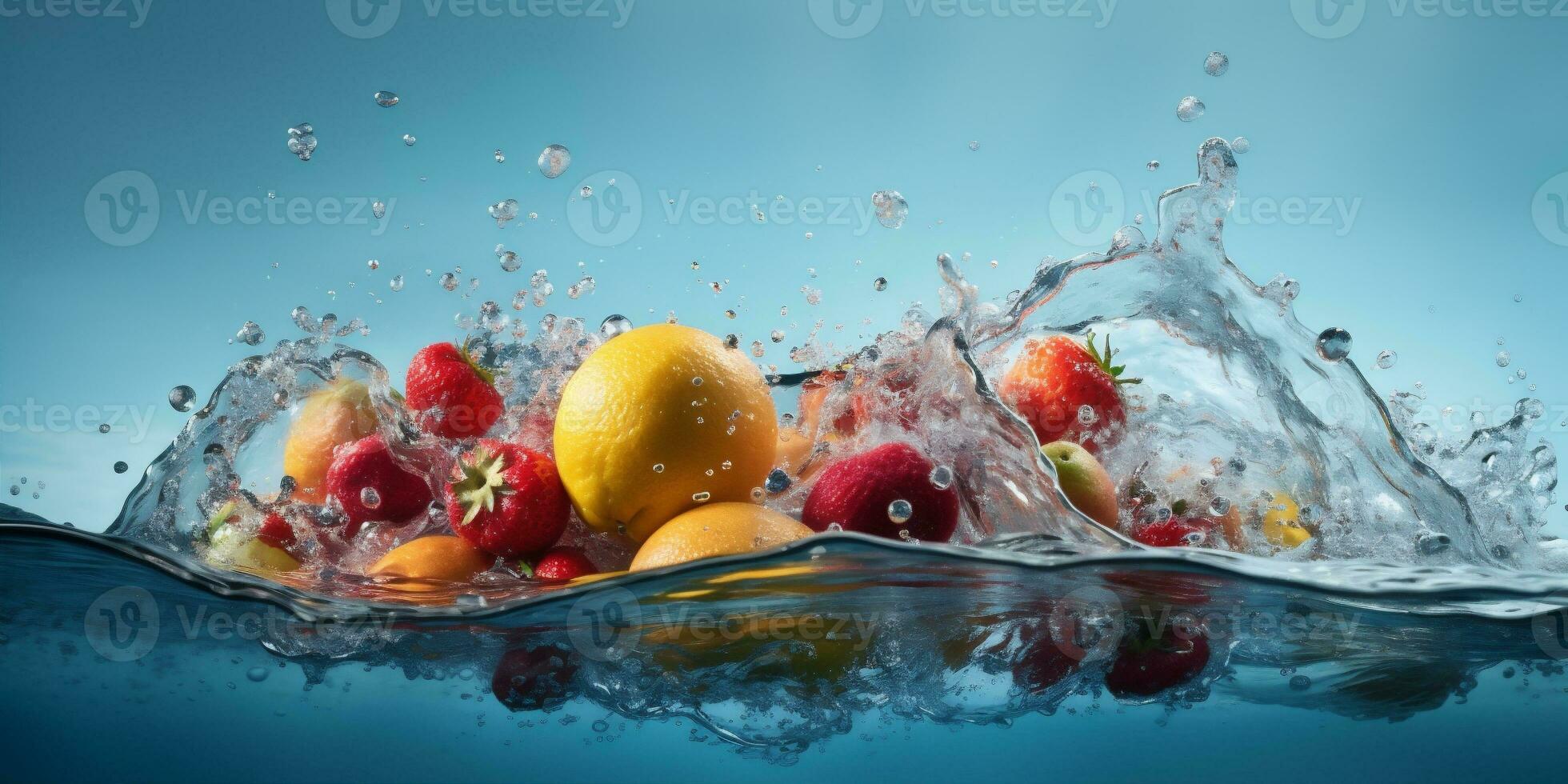 fresh healthy water green background fruit food strawberry drop delicious vitamin. Generative AI. photo