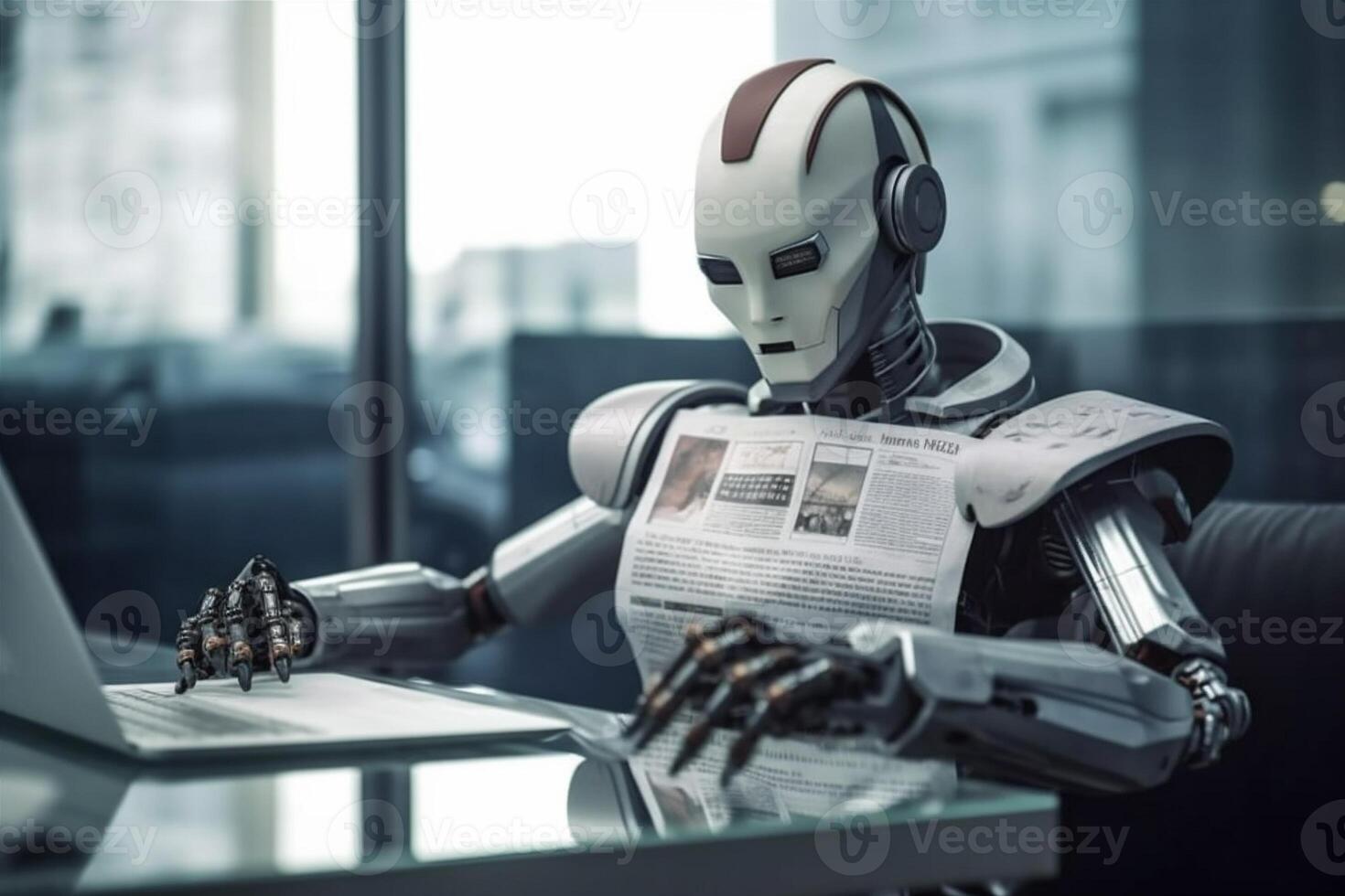 artificial digital document ai robot office hand paper laptop technology. . photo