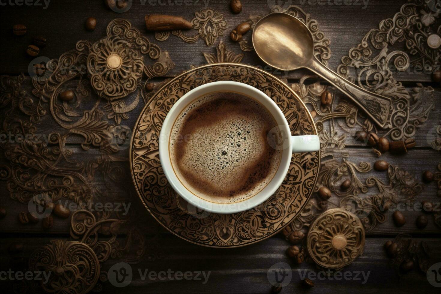 aroma breakfast cafe morning espresso brown drink cup bean mug. Generative AI. photo