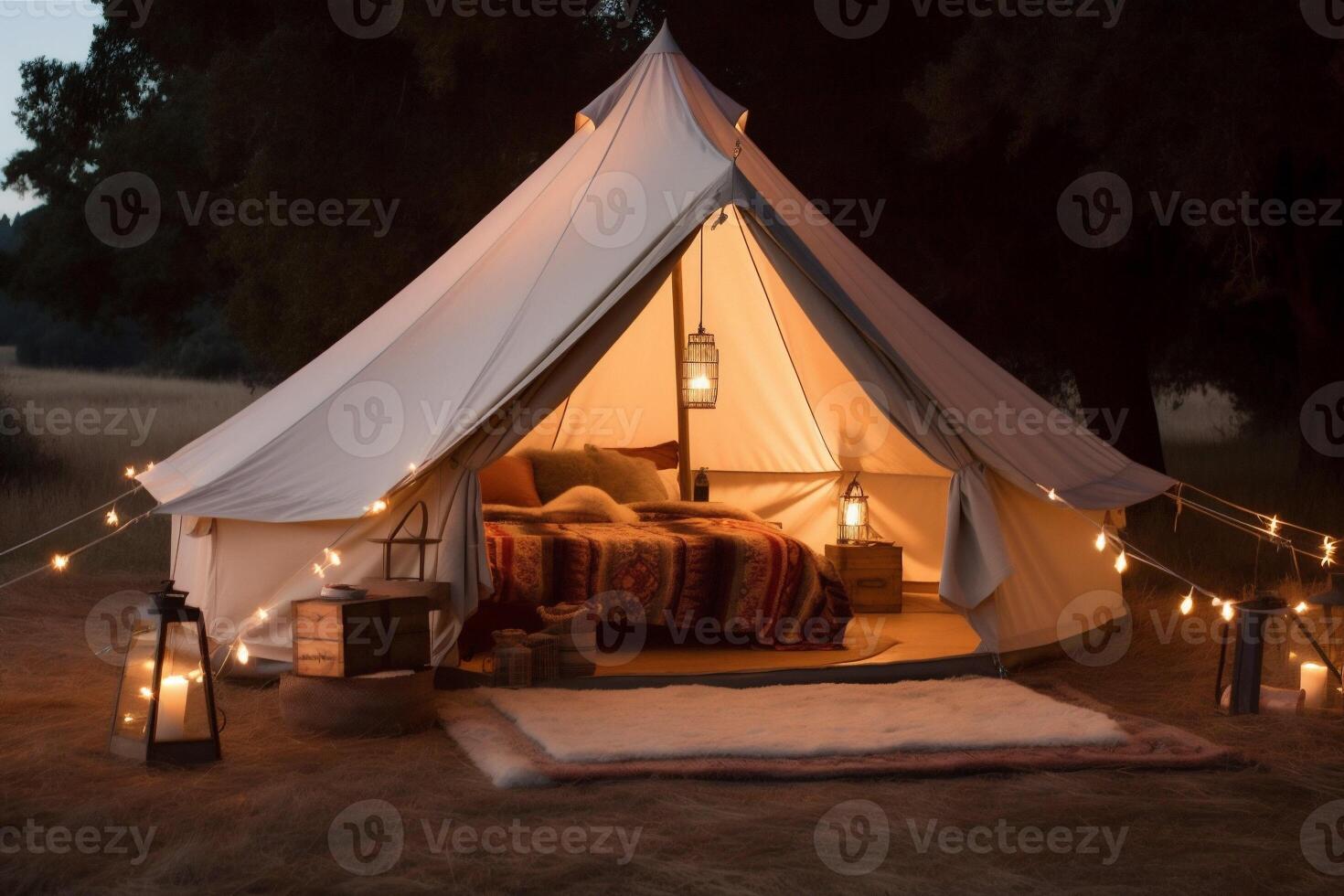 vacation canvas light camping tent travel nature forest luxury glamping. . photo