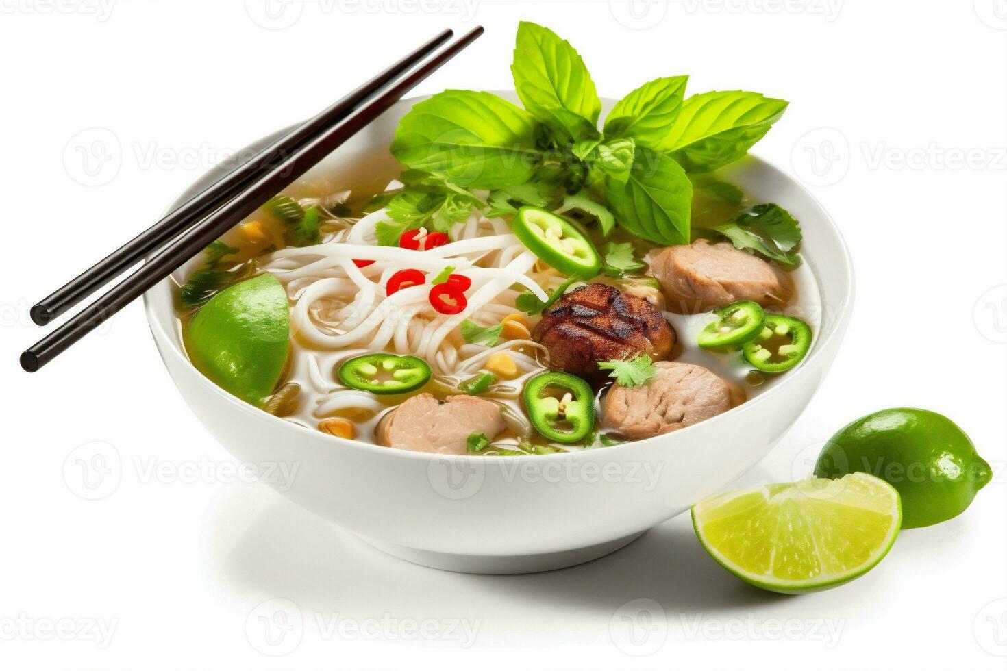 broth noodle traditional bowl spicy white asian dish food soup background. Generative AI. photo