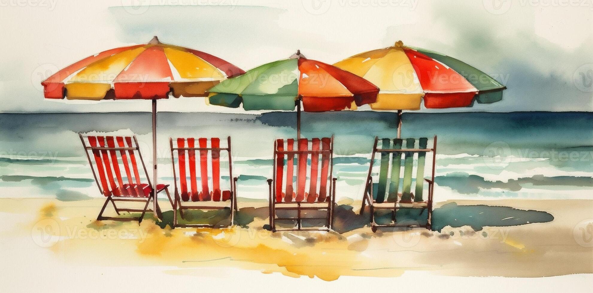 watercolor rest umbrella summer resort vacation background chair beach relax coast. . photo
