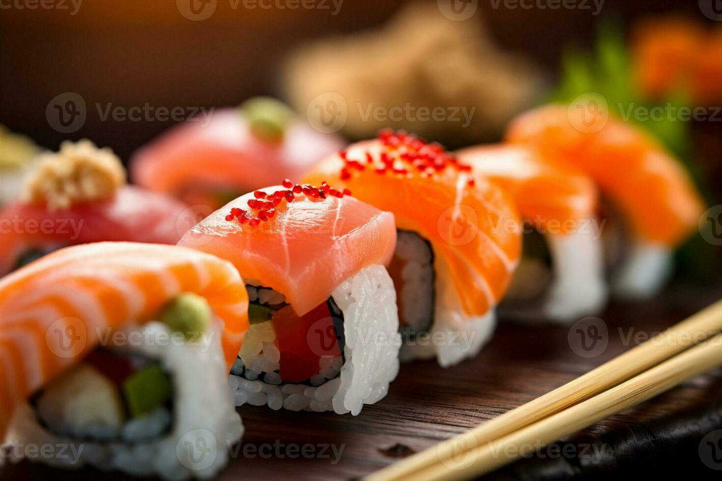 Mariscos comida conjunto pescado Sushi japonés Japón arroz rodar comida. generativo ai. foto