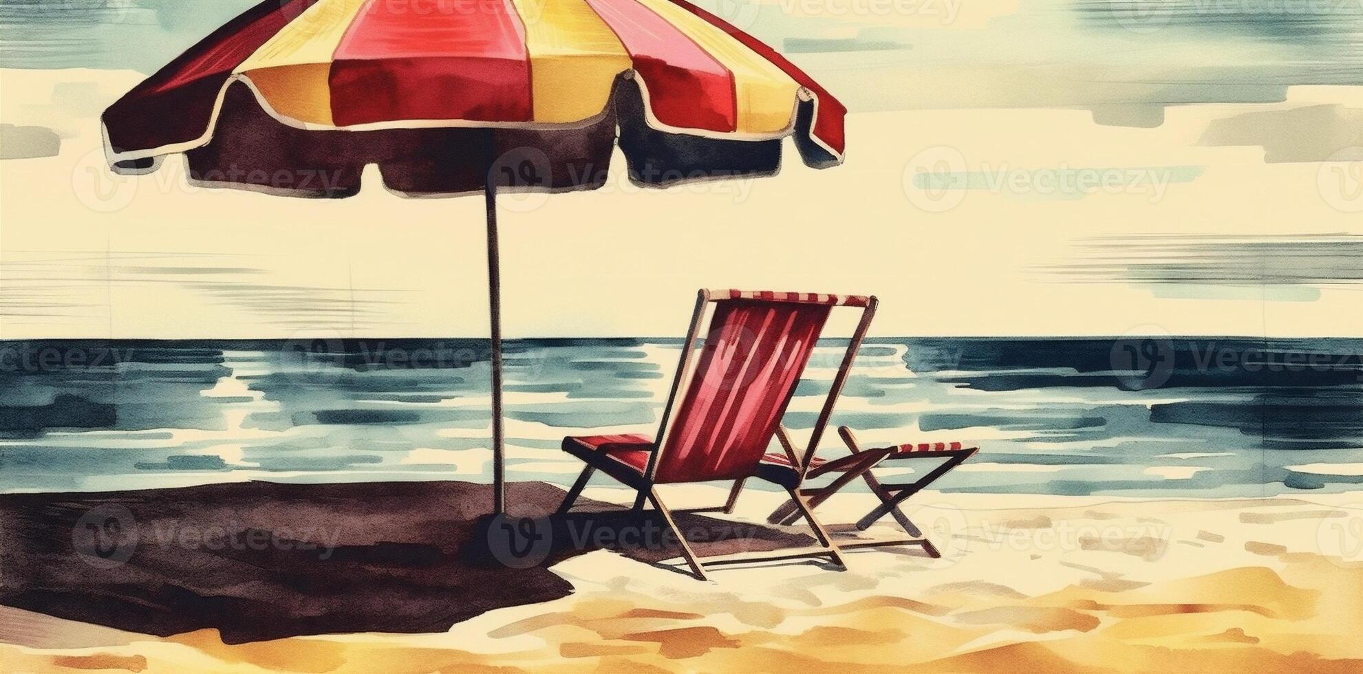 vacation landscape chair resort summer watercolor umbrella relax rest background beach. . photo