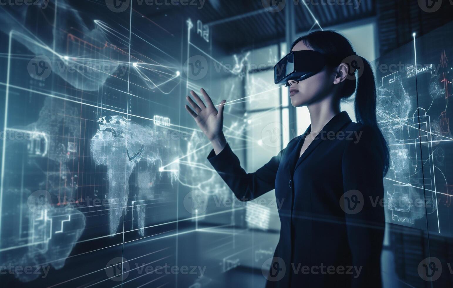 technology woman game business digital 3d innovation glasses futuristic virtual graphic. . photo