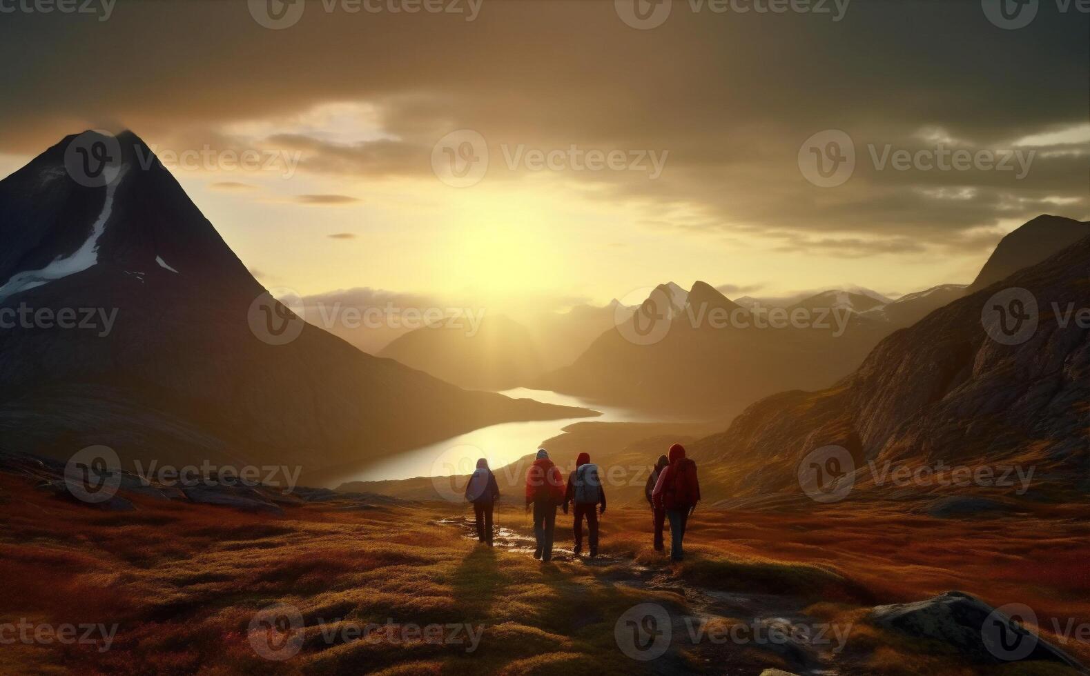 lifestyle man sun trekking mountain nature group tourist travel walking hiking. . photo