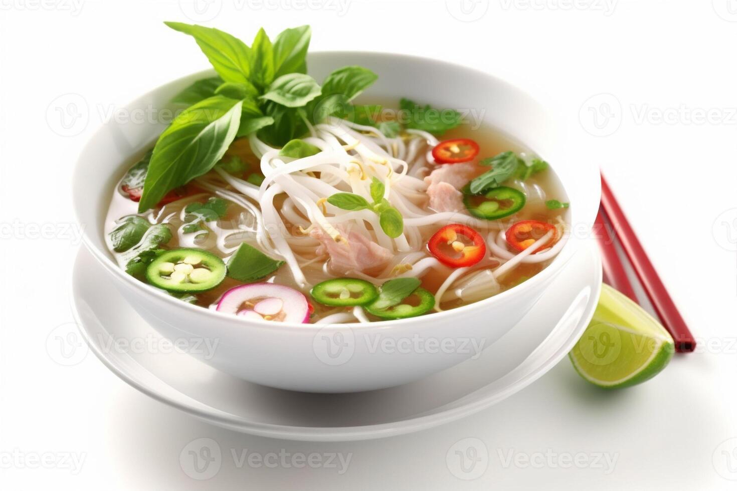 food bowl soup dish broth background noodle meal white asian traditional. Generative AI. photo