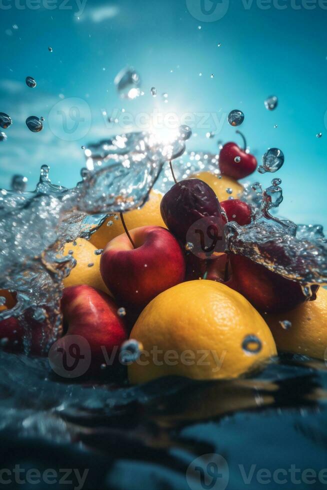 fruit background sweet water food vitamin fresh strawberry healthy green drop. Generative AI. photo
