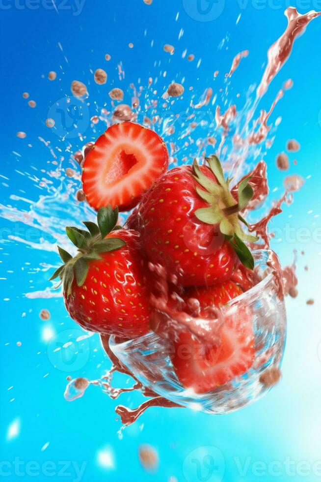 red background fresh fruit freshness food healthy blue strawberry splash water. Generative AI. photo