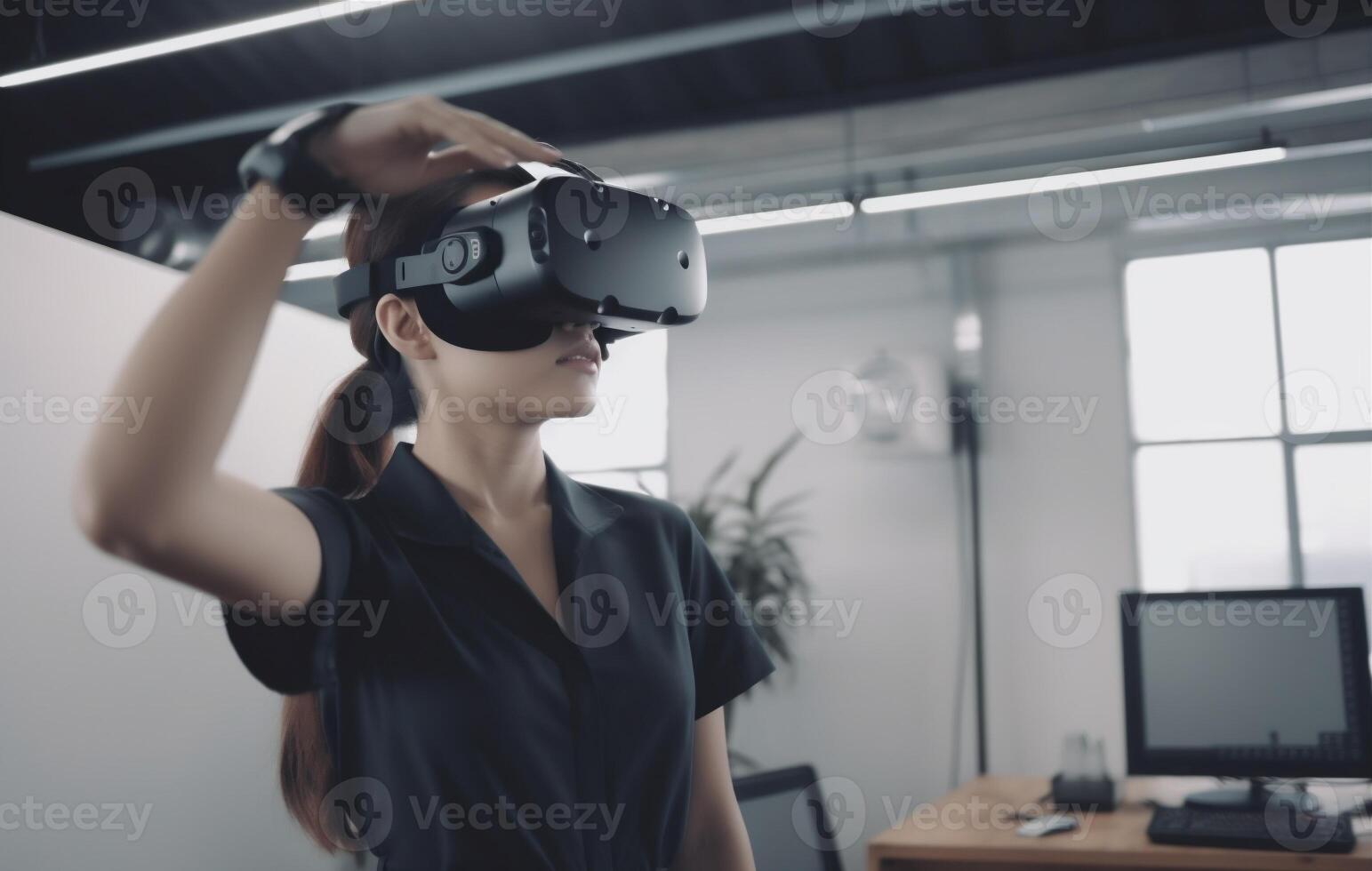 woman virtual futuristic innovation technology graphic digital 3d business web glasses. . photo