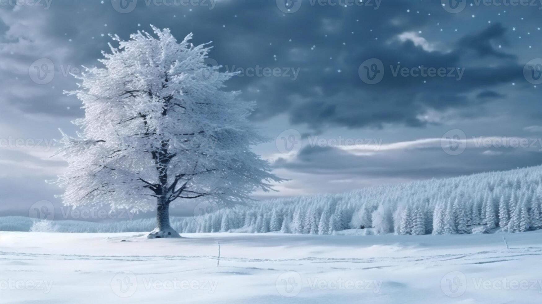 white christmas background winter tree snowfall year fir new snow sky holiday. Generative AI. photo