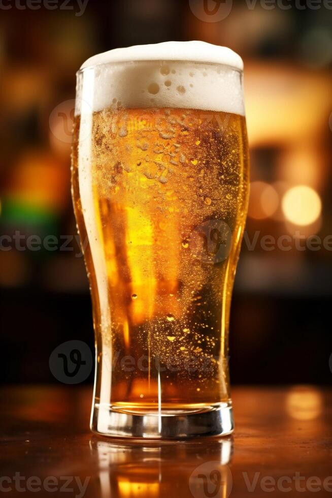 gold drink glass beverage beer foam pint lager alcohol pub. Generative AI. photo