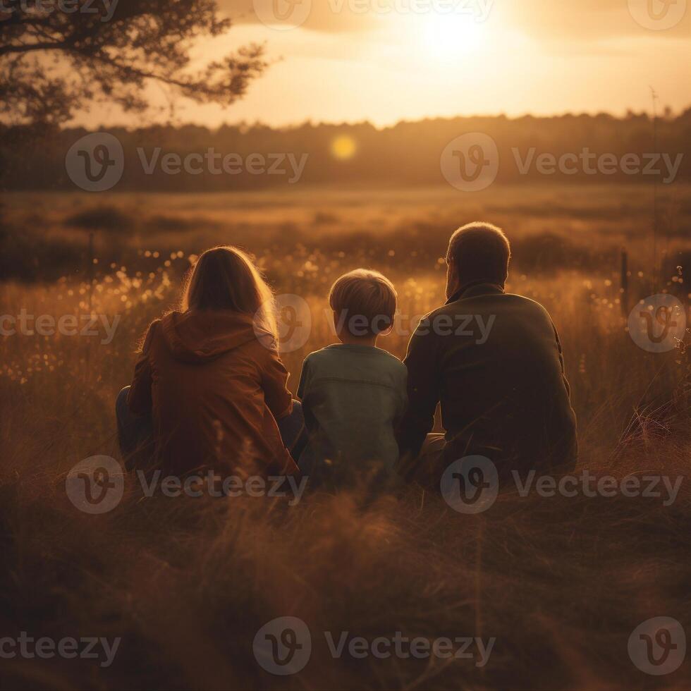 al aire libre madre verano niño padre naturaleza estilo de vida familia campo ver atrás. generativo ai. foto