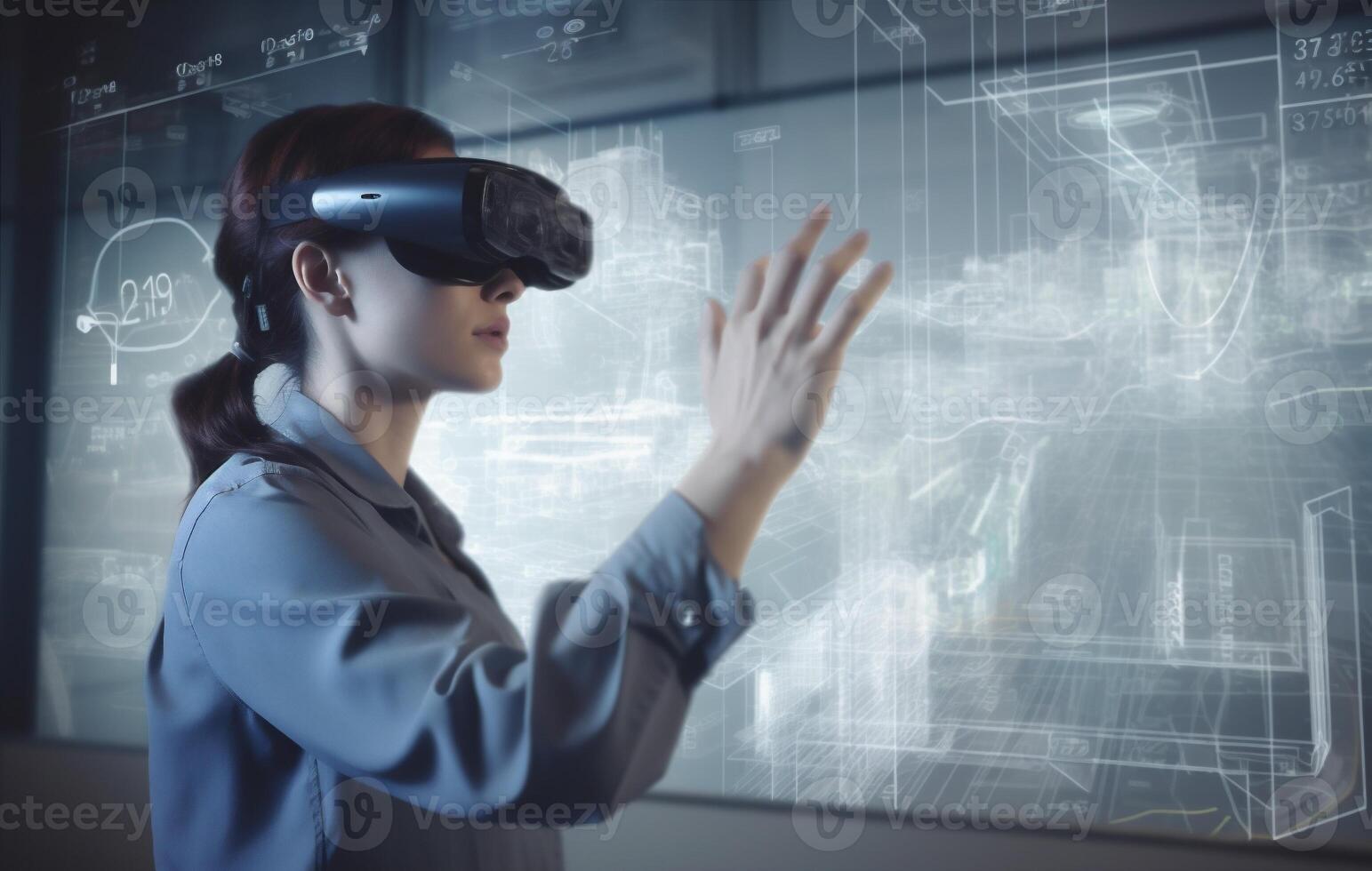 futuristic woman business digital glasses graphic innovation 3d technology designer virtual. . photo