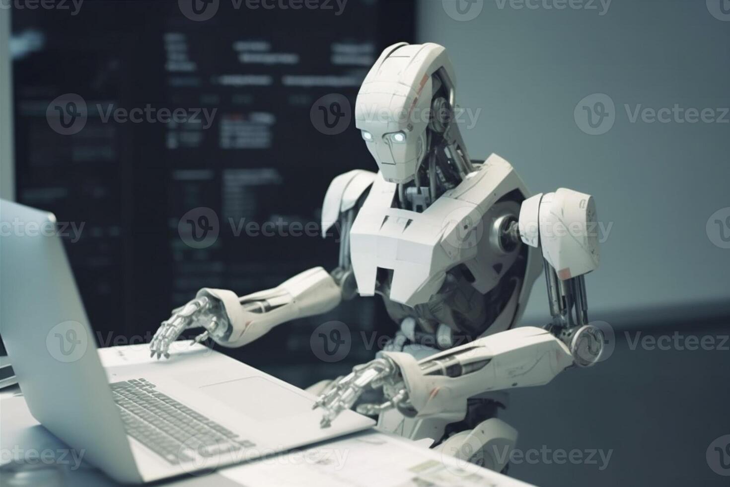 hand digital paper document robot laptop office technology ai artificial. . photo