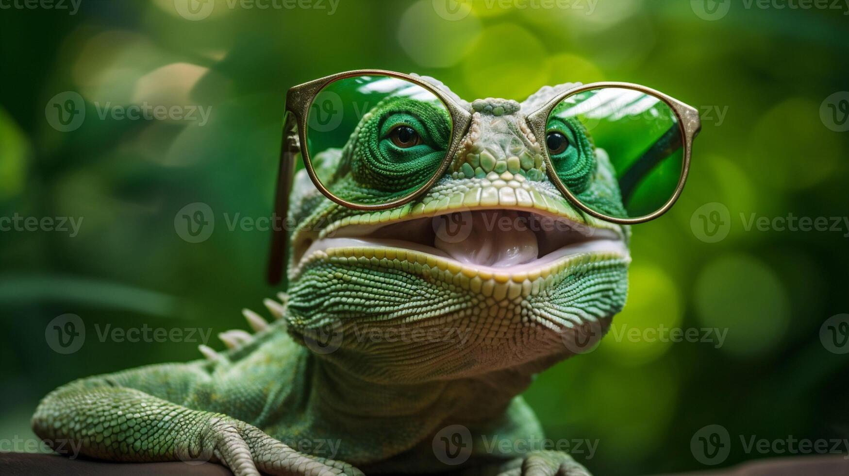 iguana green animal lizard reptile scale wildlife close-up glasses portrait. . photo