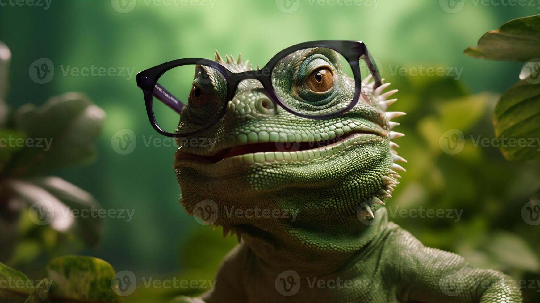 animal reptile green iguana wildlife lizard scale glasses portrait close-up. . photo