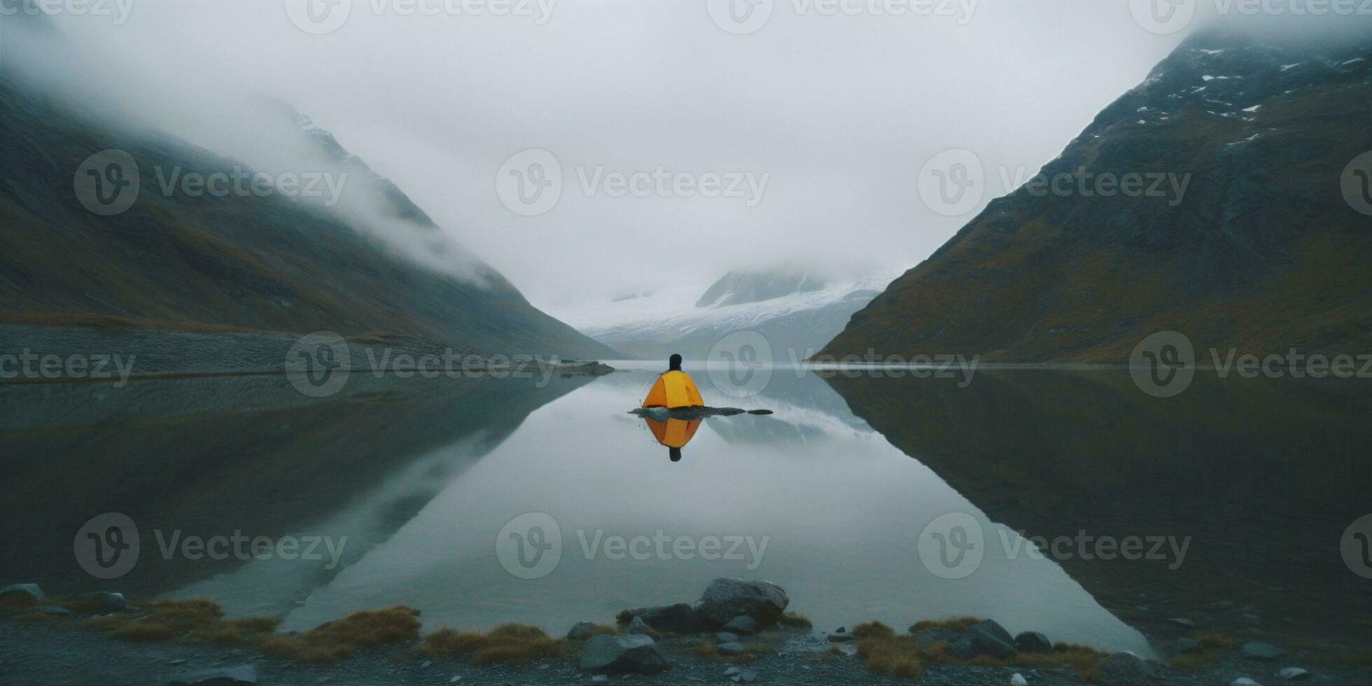 travel man cape hiking freedom mountain lake nature back yellow water. Generative AI. photo