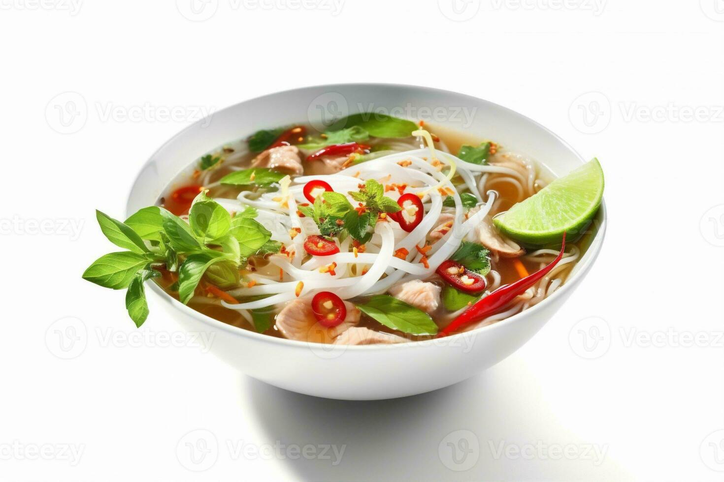traditional soup asian bowl noodle dish broth background onion food white. Generative AI. photo