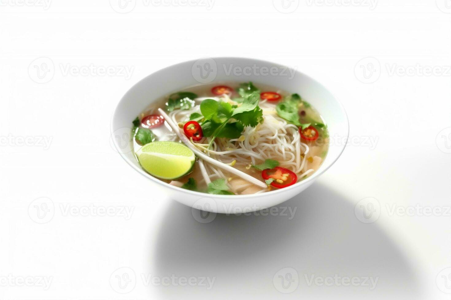 broth noodle food dish bowl traditional soup white asian dinner background. Generative AI. photo