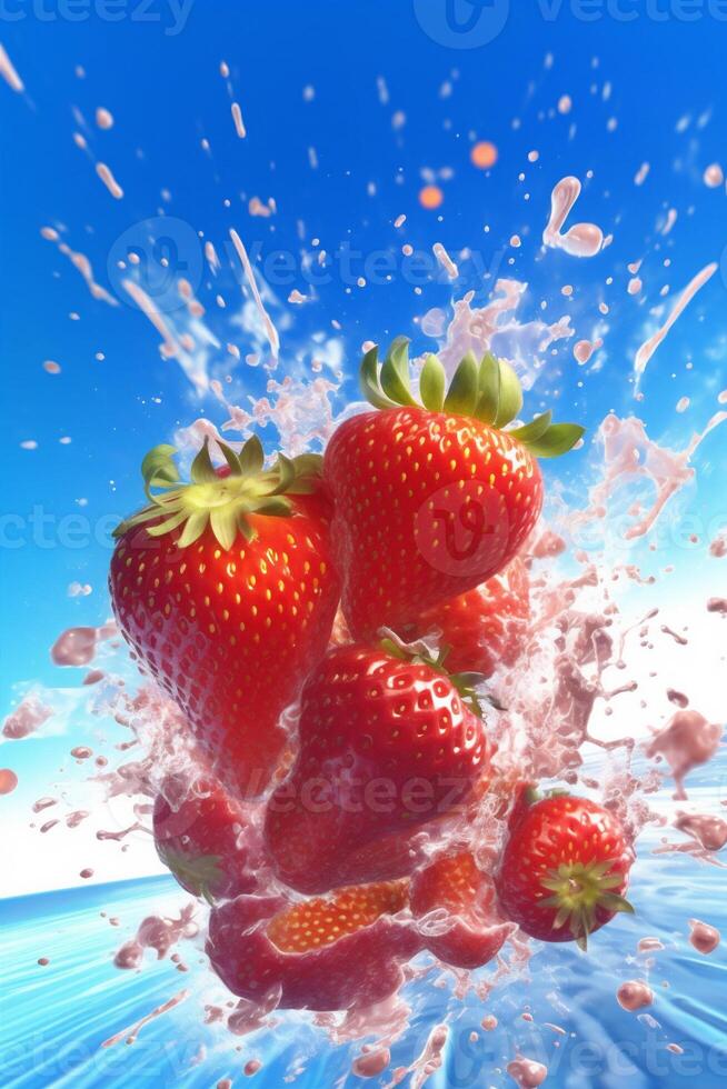 background blue healthy fresh food water red splash fruit strawberry freshness. Generative AI. photo