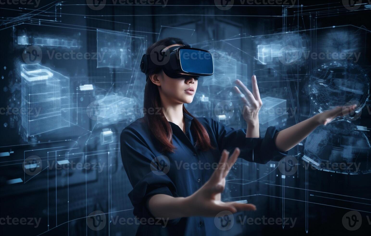 woman digital glasses graphic virtual business website 3d futuristic innovation technology. . photo