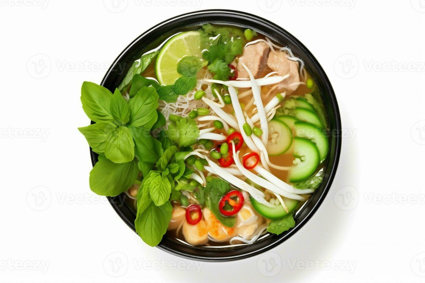 white bowl soup broth dish asian traditional food noodle tasty background. Generative AI. photo