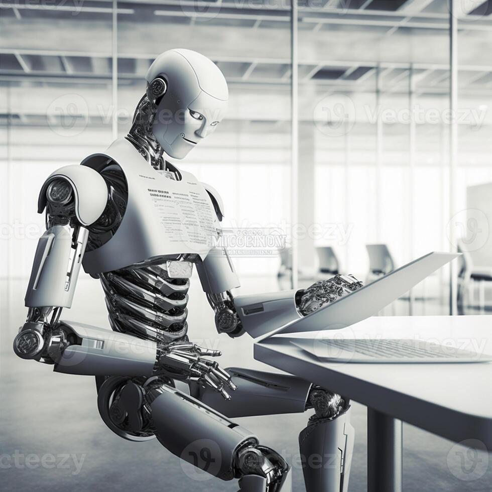 laptop office ai document artificial robot hand digital technology paper. . photo