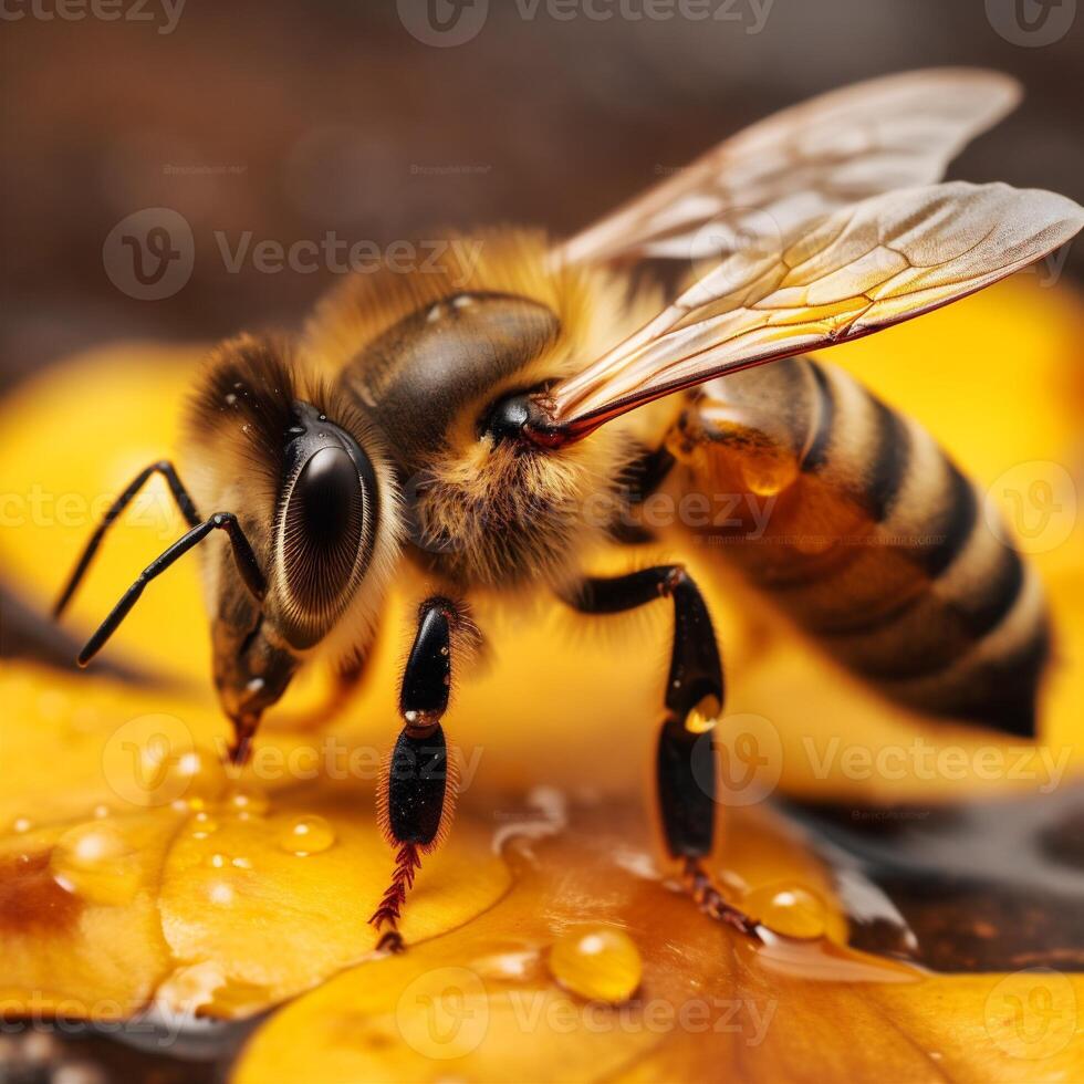 background insect closeup pollen beehive gold honey bee yellow macro nature. . photo