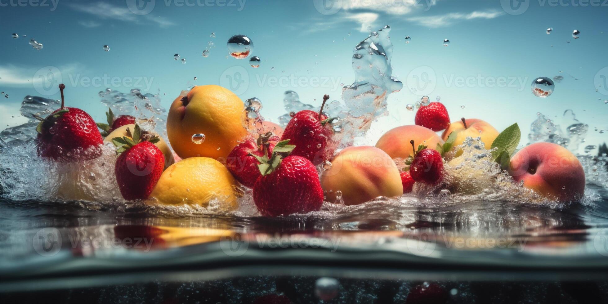 drop wave food green vitamin healthy fresh water fruit background strawberry. Generative AI. photo