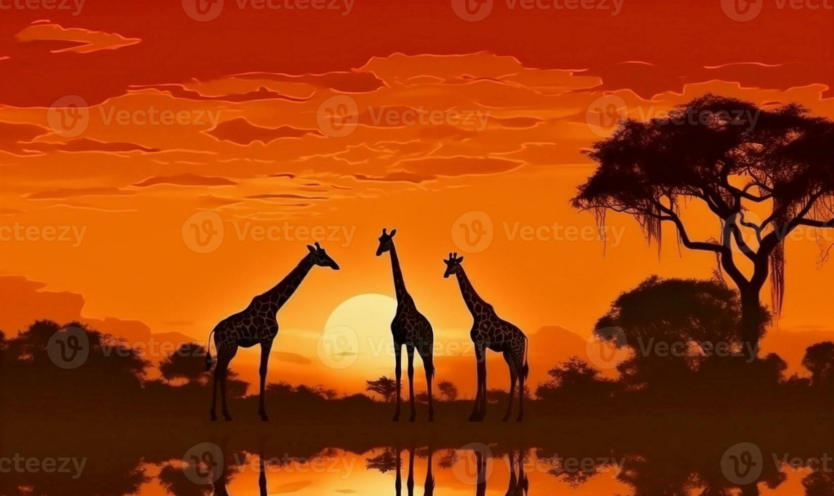 africa wild safari elephant animal nature wildlife sunset silhouette giraffe. Generative AI. photo