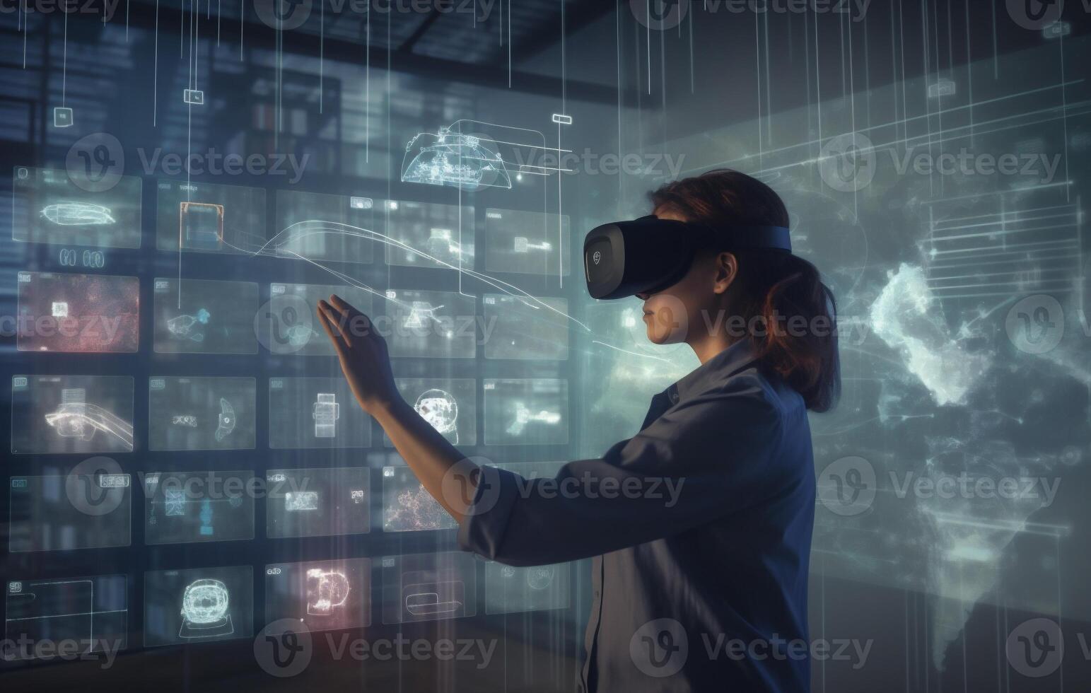 overlay woman futuristic virtual 3d innovation graphic glasses digital business technology. . photo