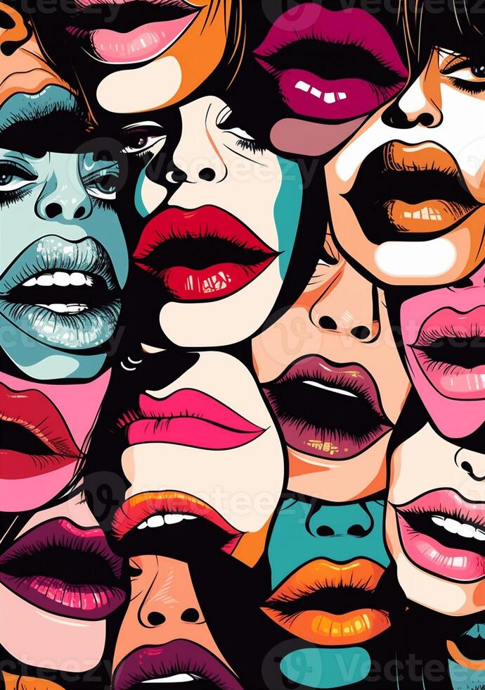 ilustración mujer hembra resumen labios moderno boca lápiz labial póster Arte beso. generativo ai. foto