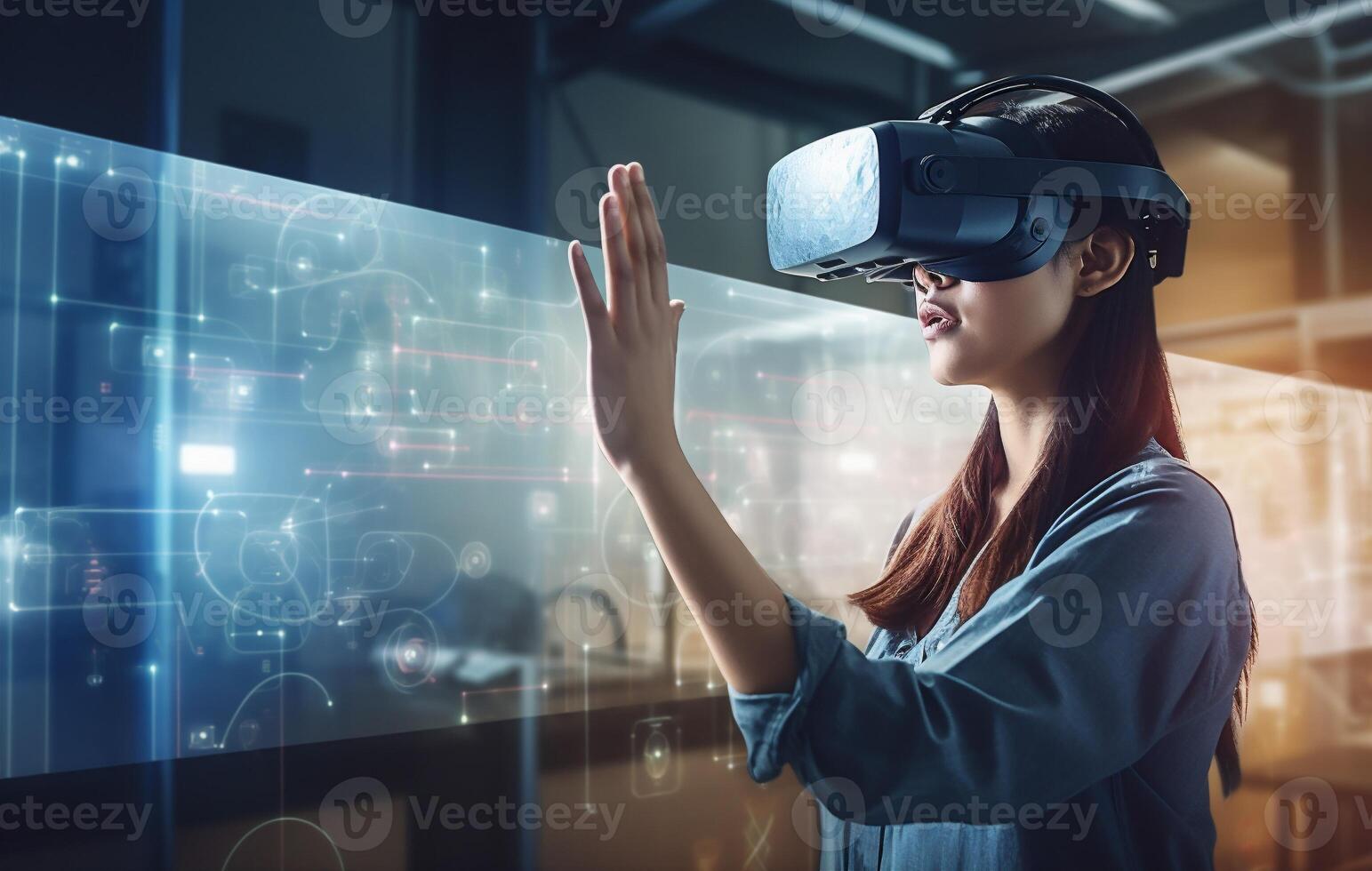 graphic woman innovation 3d digital futuristic business virtual technology glasses virtual reality. . photo