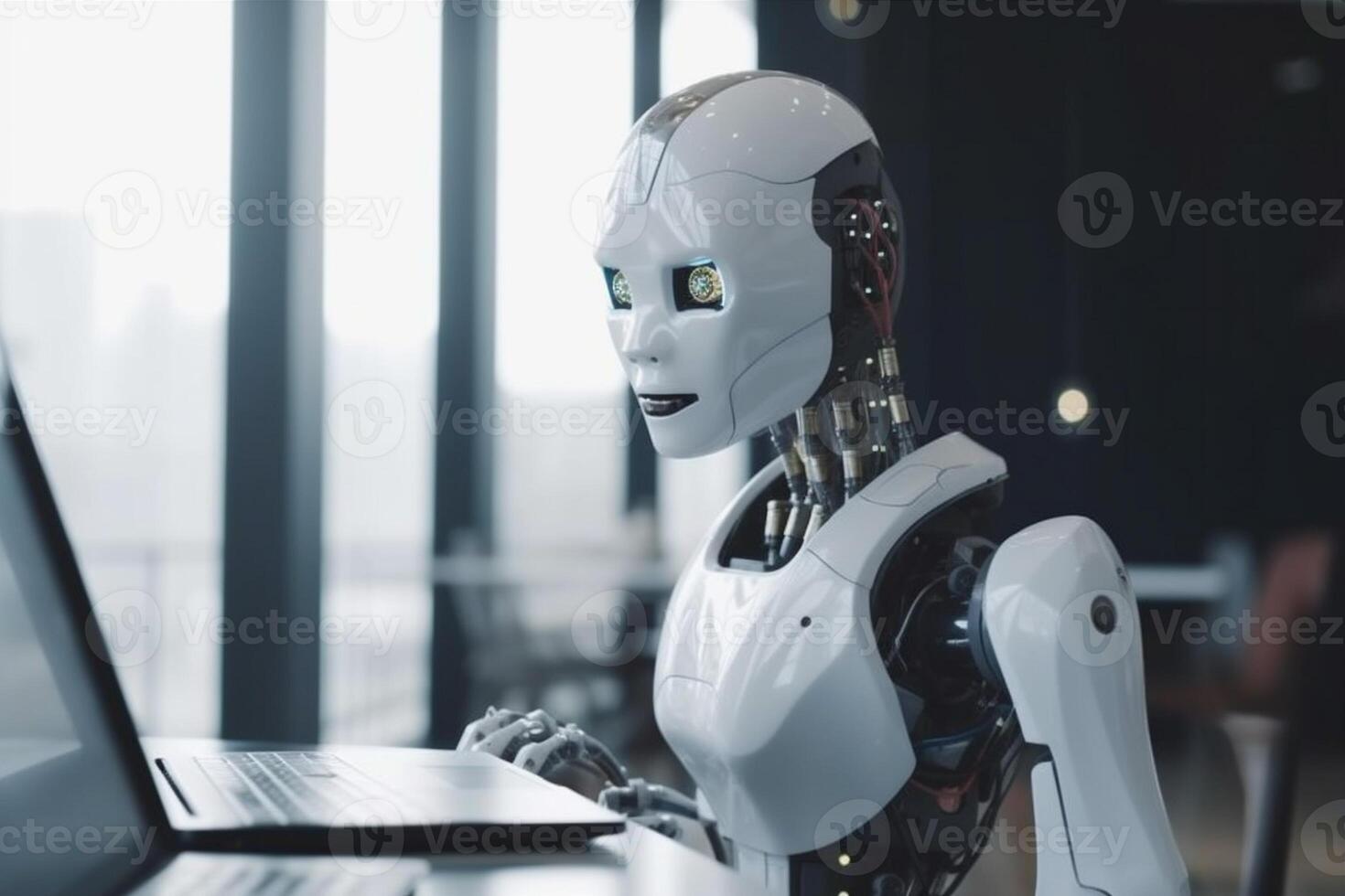 office paper technology artificial hand ai digital robot laptop document. . photo