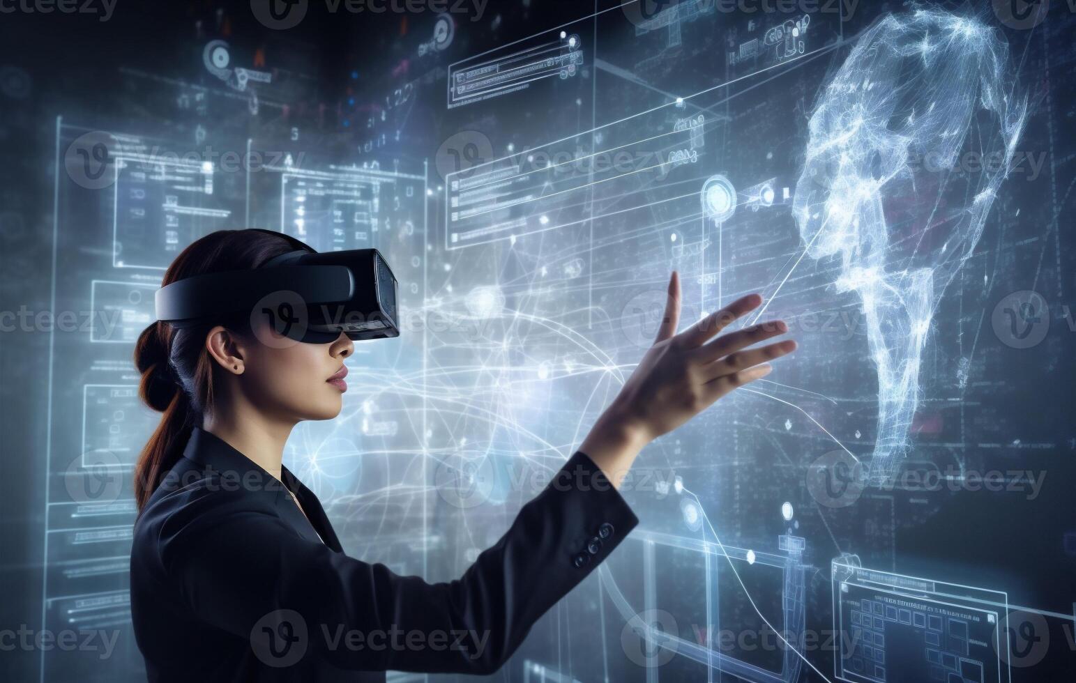 woman internet futuristic business glasses technology graphic virtual innovation digital 3d. . photo