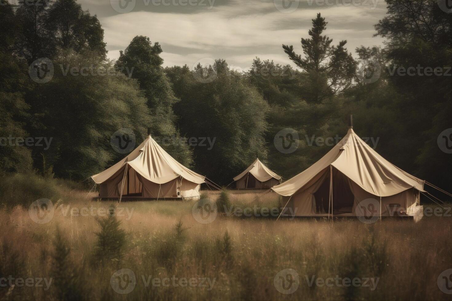 light tent luxury canvas nature travel vacation camping forest glamping. . photo