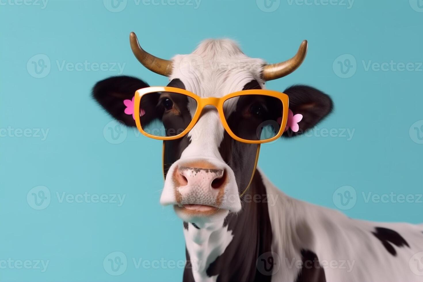 vaca animal vistoso personaje gracioso cabeza linda retrato Gafas de sol rostro. generativo ai. foto