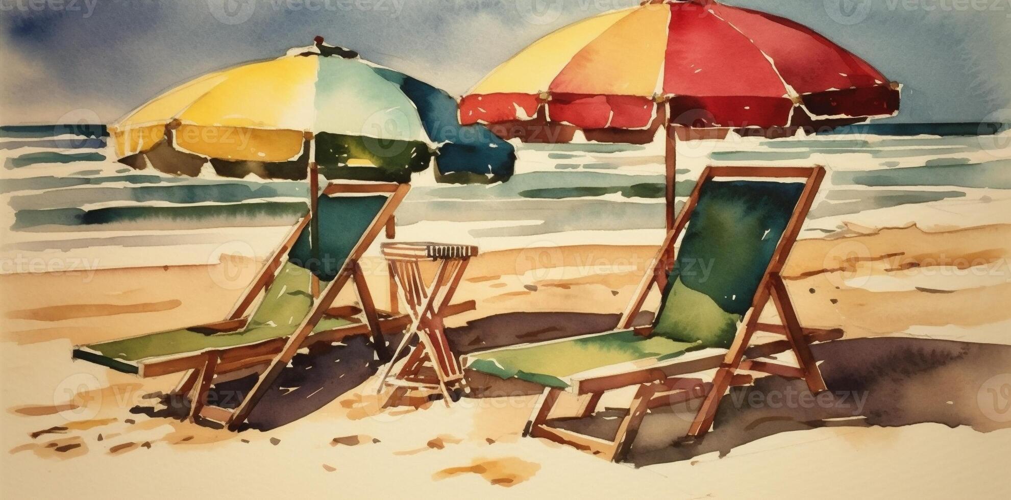 vacation chair rest umbrella background summer resort ocean relax beach watercolor. . photo