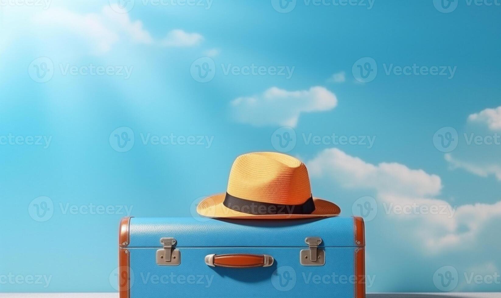 baggage journey traveler travel blue vacation suitcase background trip holiday hat. Generative AI. photo