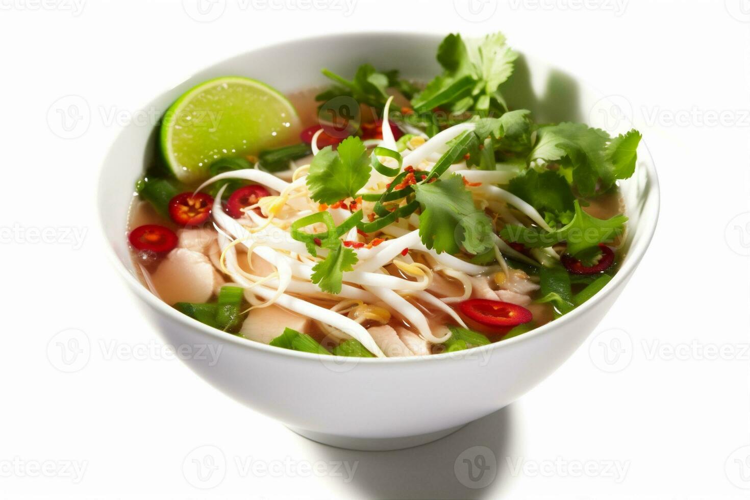 meal white traditional noodle asian dish broth bowl food soup background. Generative AI. photo