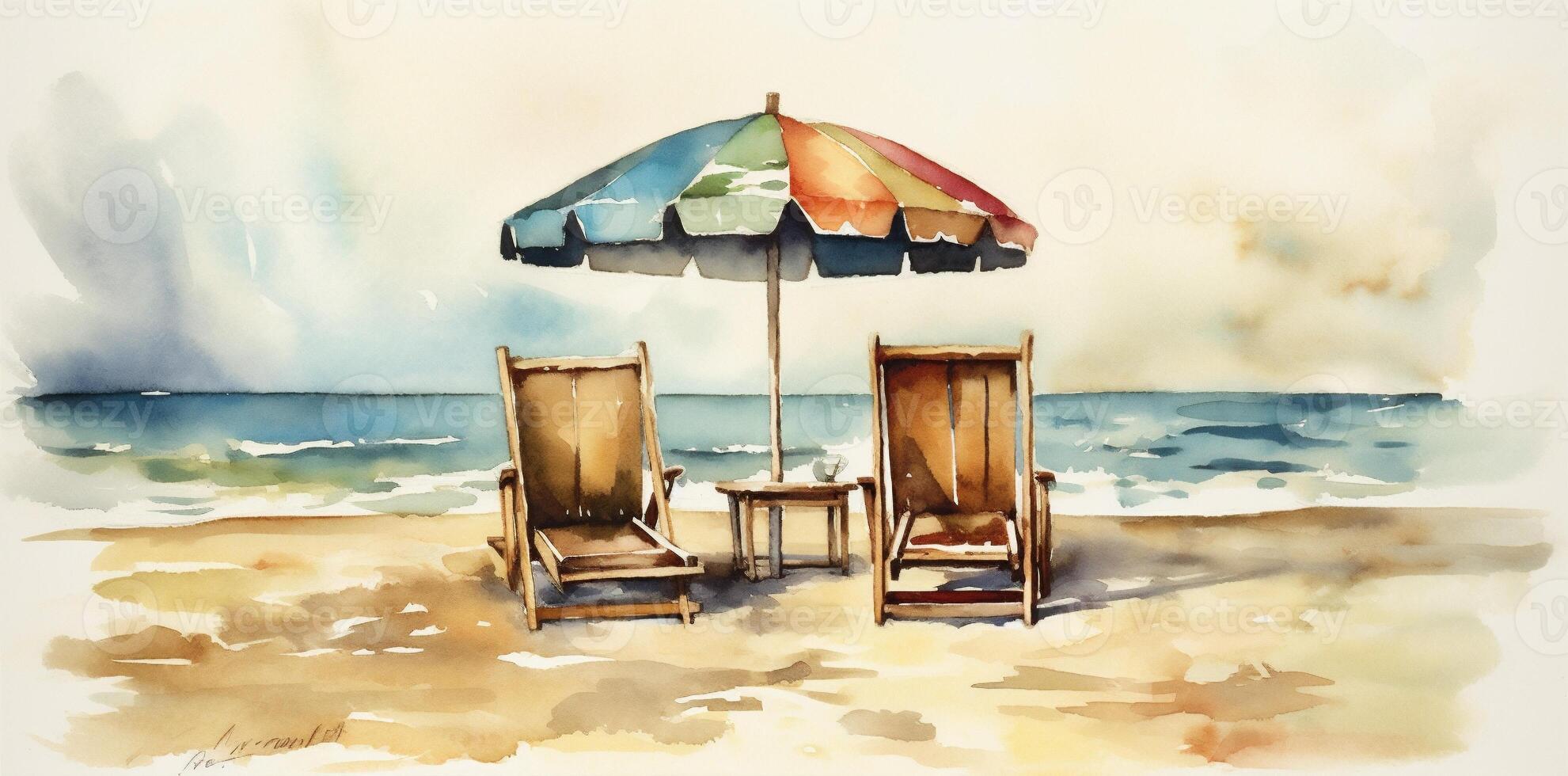 resort summer beach relax rest umbrella chair background vacation watercolor water. . photo