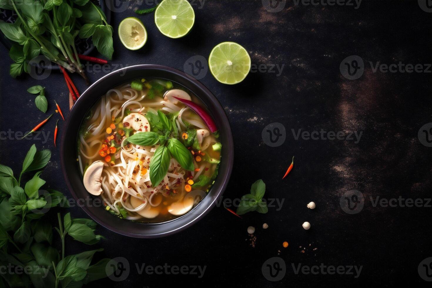 japanese soup noodle background food vegetable hot onion meal asian bowl. Generative AI. photo