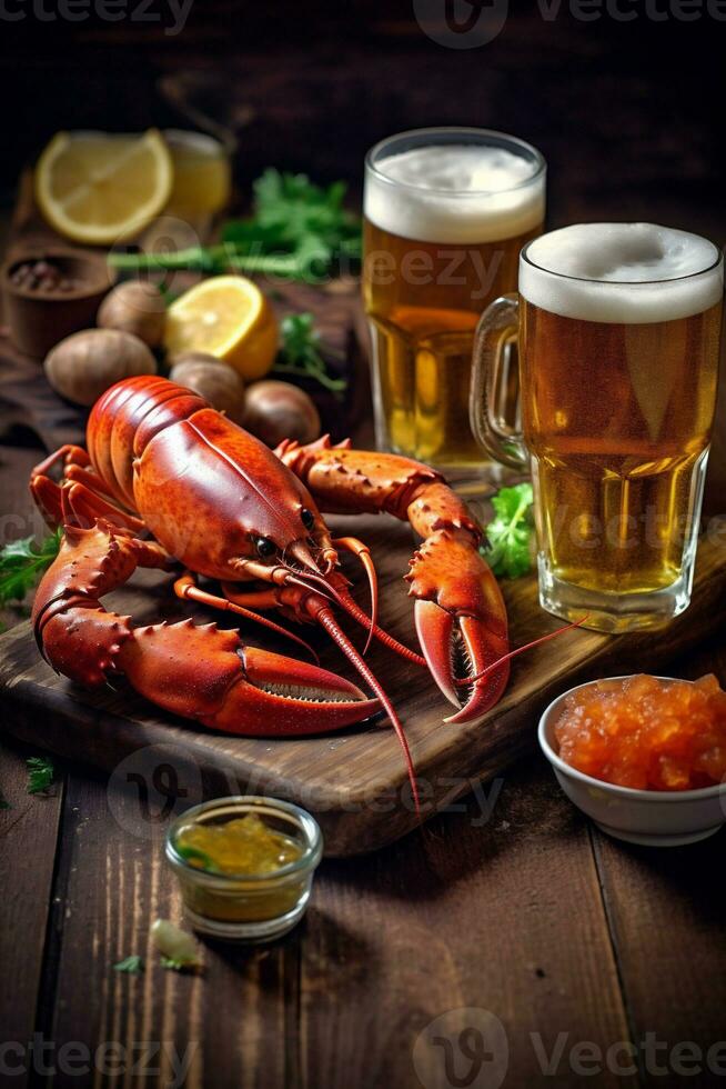 beer crab seafood snack glass red crawfish background gourmet food crayfish. Generative AI. photo