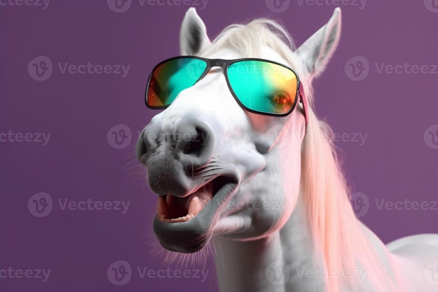 portrait horse fun background animal goggles colourful sunglasses dark funny smile. Generative AI. photo