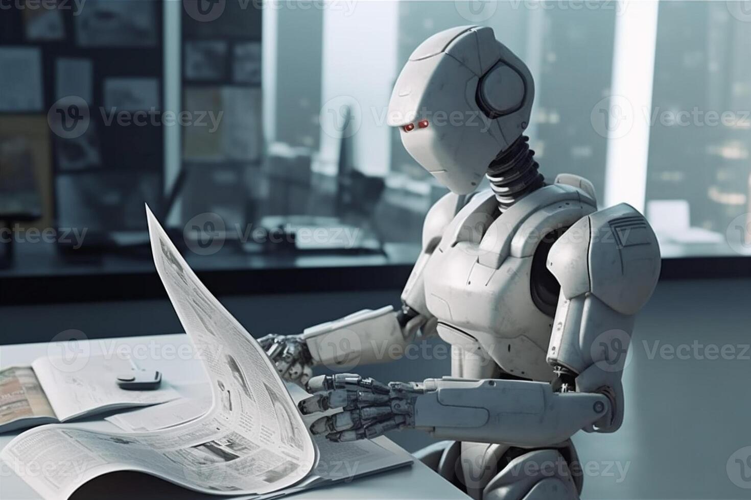 robot office digital artificial hand paper ai document technology laptop. . photo