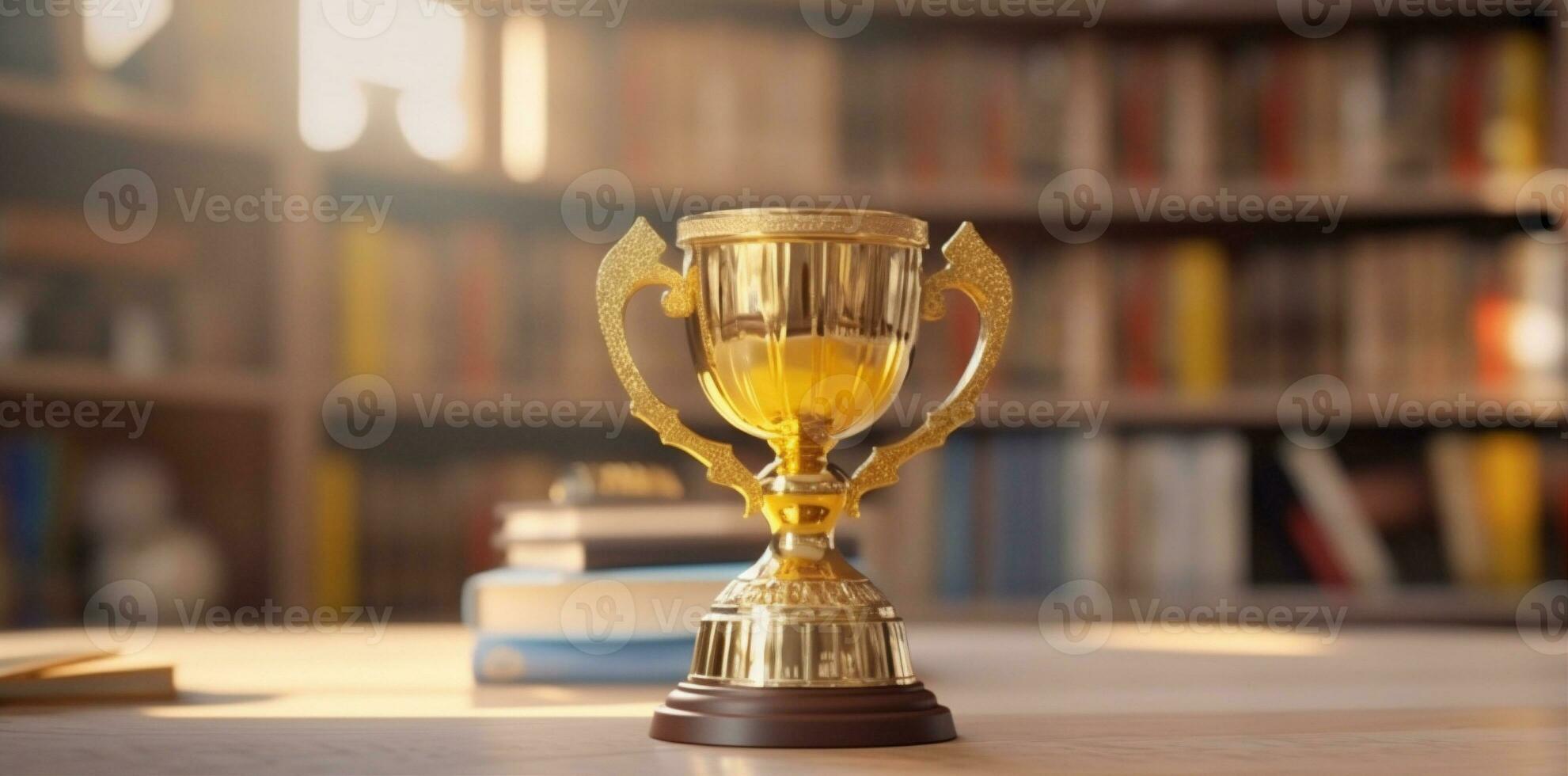 trophy cup award bokeh gold prize champion celebration library competition. Generative AI. photo