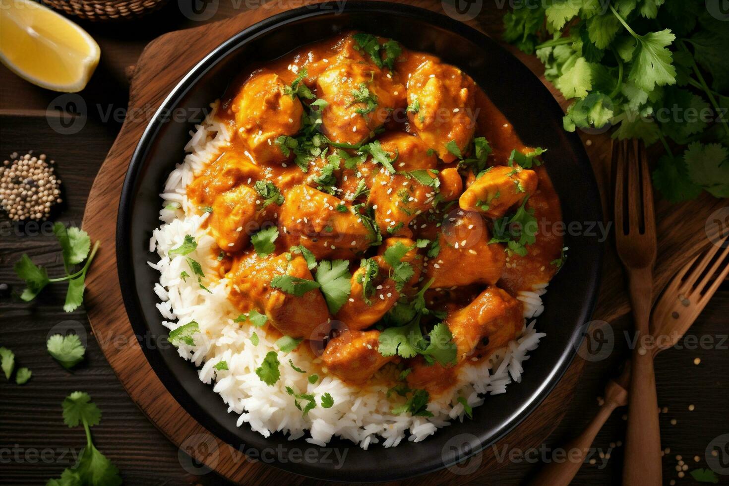 chicken dark rice hot basmati asian masala background indian sauce traditional. Generative AI. photo