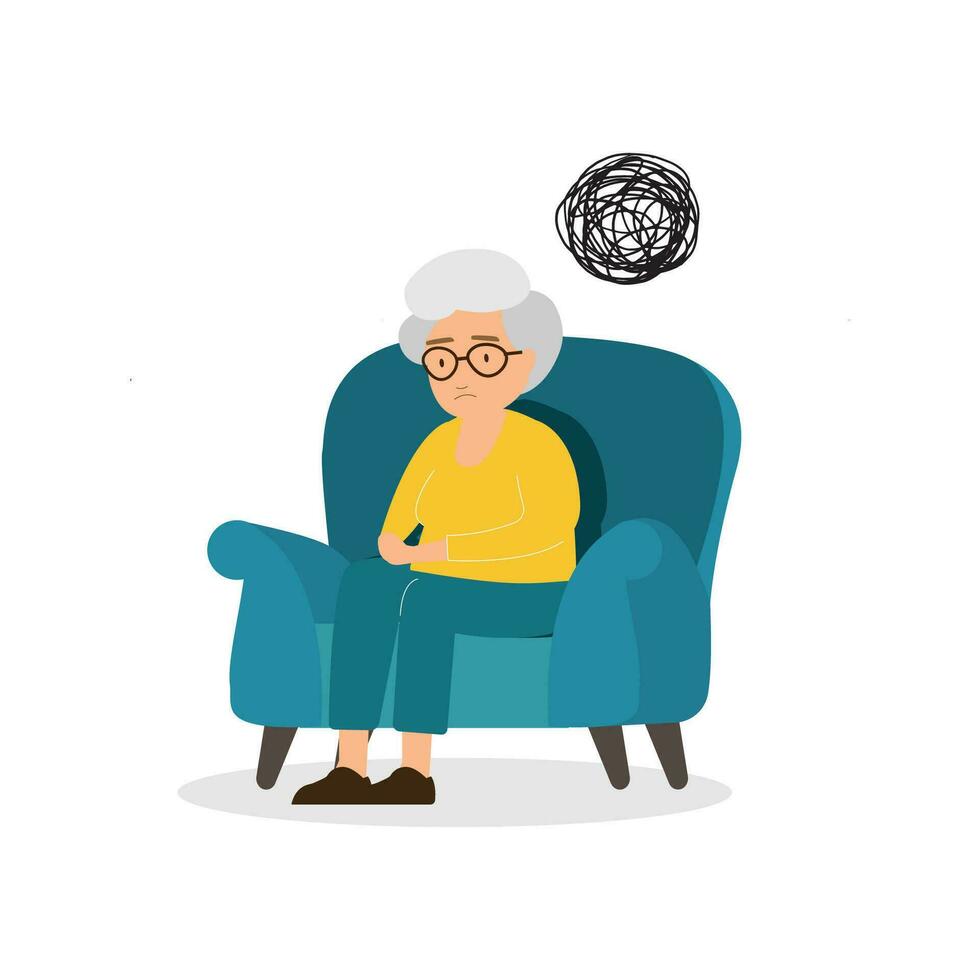 Anxious Senior Man Sitting on Sofa. Flat design style Vector Illustration.