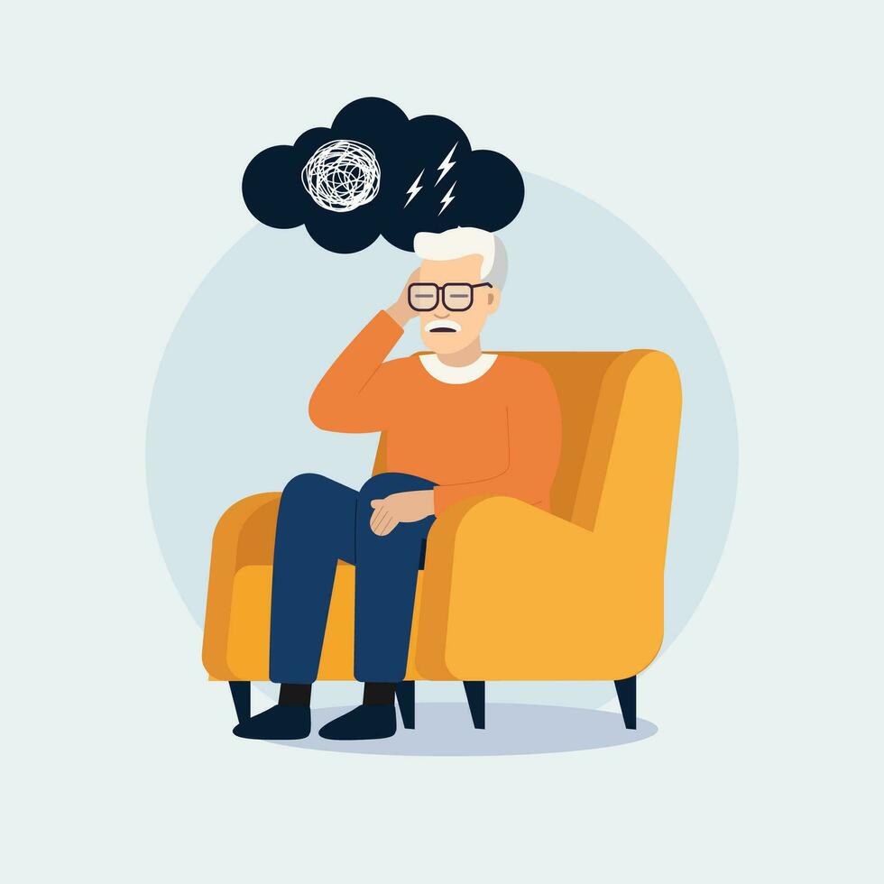 Anxious Senior Man Sitting on Sofa. Flat design style Vector Illustration.